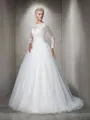 Ball-Gown Princess Bateau Long Sleeves Exquisite Sweep Train Tulle Wedding Dress With Lace