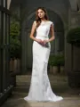 A-line Bateau Sleeveless Court Train Stylish Satin Wedding Dress With Lace