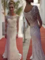 Graceful Sheath/Column Scoop Long Sleeves Sweep Train Chiffon Wedding Dress With Lace