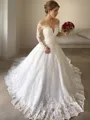 Ball-Gown Princess Off-the-Shoulder Long Sleeves Sweep Train Ethereal Tulle Wedding Dress With Lace