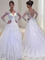 A-line Princess V-Neck Long Sleeves Court Train Tulle Trendy Wedding Dress With Applique