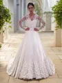 A-line Fashion V-Neck Long Sleeves Sweep Train Satin Wedding Dress