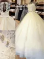 Ball-Gown Princess Gorgeous Scoop Sleeveless Cathedral Train Tulle Wedding Dress With Applique