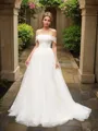 A-line Princess Off-the-Shoulder Sleeveless Exquisite Sweep Train Tulle Wedding Dress With Ruched