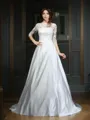 A-line Bateau 1/2 Sleeves Court Train Dazzling Satin Wedding Dress With Lace