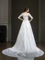 A-line Bateau 1/2 Sleeves Court Train Dazzling Satin Wedding Dress With Lace