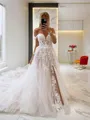A-line Princess Off-the-Shoulder Sleeveless Chapel Train Tulle Classy Wedding Dress