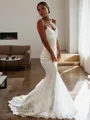 Sheath/Column Neat V-Neck Sleeveless Court Train Lace Wedding Dress