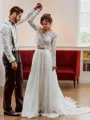 A-line Princess Timeless Scoop Long Sleeves Sweep Train 30D Chiffon Wedding Dress
