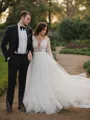 A-line Princess Scoop Long Sleeves Modest Cathedral Train Tulle Wedding Dress
