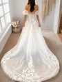 A-line Princess Off-the-Shoulder Beautiful Short Sleeves Chapel Train Tulle Wedding Dress
