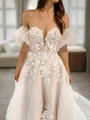 A-line Princess Off-the-Shoulder Beautiful Short Sleeves Chapel Train Tulle Wedding Dress