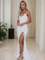 Sheath/Column V-Neck Sleeveless Sweep Train Flattering Lace Wedding Dress With Slit