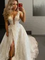 A-line Princess V-Neck Sleeveless Sweep Train Timeless Tulle Wedding Dress With Slit