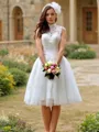 A-line Princess High Neck Sleeveless Knee-Length Stunning Tulle Wedding Dress