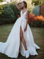 A-line V-Neck Trendy Sleeveless Sweep Train Satin Wedding Dress With Slit