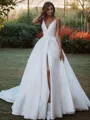 A-line V-Neck Trendy Sleeveless Sweep Train Satin Wedding Dress With Slit