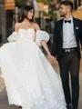 A-line Princess Sweetheart Short Sleeves Court Train Glam Tulle Wedding Dress