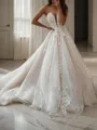 A-line V-Neck Sleeveless Delicate Sweep Train Lace Wedding Dress