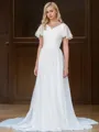 A-line V-Neck Short Sleeves Sweep Train Graceful Chiffon Wedding Dress