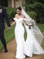 Sheath/Column Classy Off-the-Shoulder Sleeveless Sweep Train Satin Wedding Dress