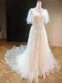 A-line Princess V-Neck Short Sleeves Sweep Train Tulle Flowing Wedding Dress With Applique