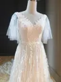 A-line Princess V-Neck Short Sleeves Sweep Train Tulle Flowing Wedding Dress With Applique