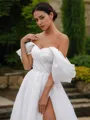 A-line Off-the-Shoulder Sleeveless Sweep Train Delicate Satin Wedding Dress