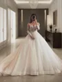 Ball-Gown V-Neck Long Sleeves Court Train Organza Flowy Wedding Dress With Applique