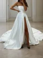A-line Strapless Sleeveless Elegant Sweep Train Satin Wedding Dress