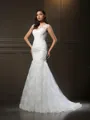 Trumpet/Mermaid Sensual Scoop Short Sleeves Chapel Train Tulle Wedding Dress With Applique