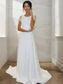 A-line Scoop Short Sleeves Sweep Train Stretch Crepe Glam Wedding Dress
