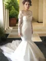 A-line Princess Bateau Long Sleeves Court Train Tulle Elegant Wedding Dress
