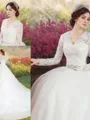 Classic A-line Princess V-Neck Long Sleeves Cathedral Train Tulle Wedding Dress With Applique