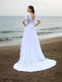 A-line V-Neck Modest Short Sleeves Sweep Train Chiffon Wedding Dress With Ruffles