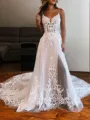 A-line Princess Spaghetti Straps Sleeveless Chapel Train Stylish Tulle Wedding Dress