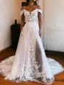 A-line Princess Spaghetti Straps Sleeveless Chapel Train Stylish Tulle Wedding Dress
