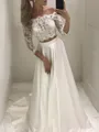 A-line Off-the-Shoulder 3/4 Sleeves Court Train Feminine Satin Wedding Dress With Applique