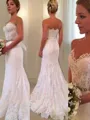 Trumpet/Mermaid Sweetheart Sleeveless Sweep Train Lace Figure-hugging Wedding Dress With Applique