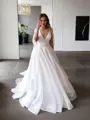 A-line V-Neck Sleeveless Sweep Train Open Back Subtle Organza Wedding Dress