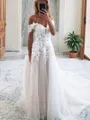A-line Princess Balanced Off-the-Shoulder Sleeveless Cathedral Train Tulle Wedding Dress