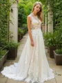 A-line Scoop Sleeveless Sweep Train Elegant Lace Wedding Dress