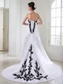 A-line Strapless Dreamy Sleeveless Chapel Train Satin Wedding Dress With Beading