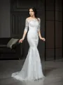 Sheath/Column Off-the-Shoulder 1/2 Sleeves Sweep Train Dreamy Lace Wedding Dress