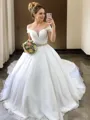 Ball-Gown Princess Off-the-Shoulder Sleeveless Court Train Tulle Whimsical Wedding Dress With Sash