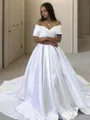 A-line Off-the-Shoulder Sleeveless Sweep Train Fashion Satin Wedding Dress