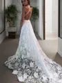 A-line V-Neck Sleeveless Court Train Dazzling Lace Wedding Dress