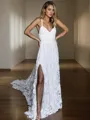 A-line V-Neck Sleeveless Court Train Dazzling Lace Wedding Dress