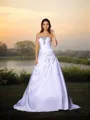 A-line Strapless Elegant Sleeveless Chapel Train Satin Wedding Dress With Beading