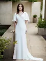 Sheath/Column V-Neck 1/2 Sleeves Sweep Train Flattering Stretch Crepe Wedding Dress